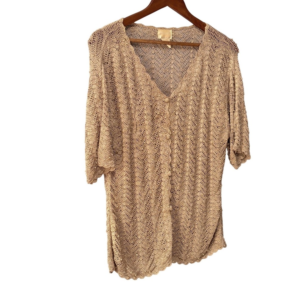 Kroshetta Tan Crochet Cardigan XL Short Sleeve Pearl V-Neck Button Up Sweater